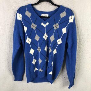 Lyle & Scott Sweater Mens XL Blue Cashmere V Neck Argyle Knit Pullover Scottish